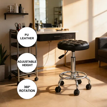 Black Round Salon Stool Adjustable Rolling Swivel Barber Hairdressing Chair Gas Lift PU Leather Seat Wheels for Hair Spa Massage Tattoo Work Nail Shop