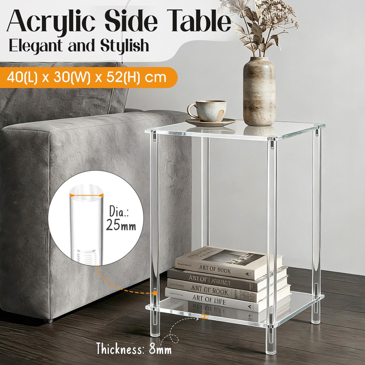 Modern Bedside Table Acrylic Nightstand Sofa Bed Side End Coffee Lamp Storage Display Shelf Stand Small Lounge Bedroom Sitting Living Room Furniture