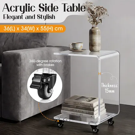 Acrylic Bedside Table with Wheels Modern Bed Sofa Side End Storage Nightstand Coffee Lamp Bedroom Office Furniture 2 Tier 15mm Thick Display Shelf