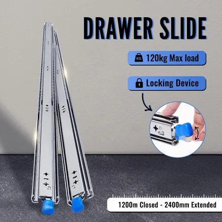 Heavy Duty Drawer Runners 120kg Locking Slides Ball Bearing Full Extension 1200-2400mm Rails for 4WD Ute Canopy Caravan Trailer RV Camper Truck Toolbox
