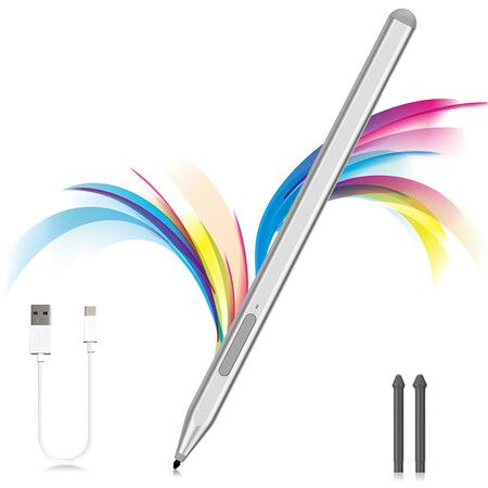 Slim Pen for Microsoft Surface Pro12/11/10/9/8/X/7+/6/5/4/3,Surface Go 4/3/2/1 with Eraser Side Button,Palm Rejection,Tilt Function,1024 Pressure(Silver)