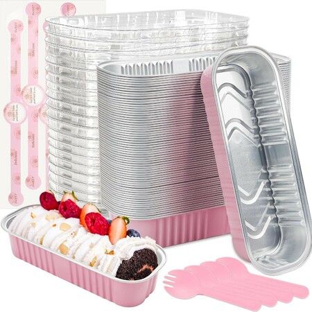 50-Pack Mini Loaf Baking Pans with Lids & Spoons,200ml Aluminum Foil Tins with Stickers,Rectangular Dessert Cups for Wedding & Party,Pink