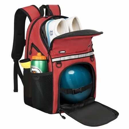 Bowling Backpack with Shoe Compartment,Single Ball Bowling Bag with Padded Holder,Fits Shoes Up to Size 16, Nylon Bowling Ball Carrier with Holes,Red