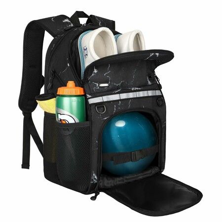 Bowling Backpack with Shoe Compartment,Single Ball Bowling Bag with Padded Holder,Fits Shoes Up to Size 16, Nylon Bowling Ball Carrier with Holes,Black