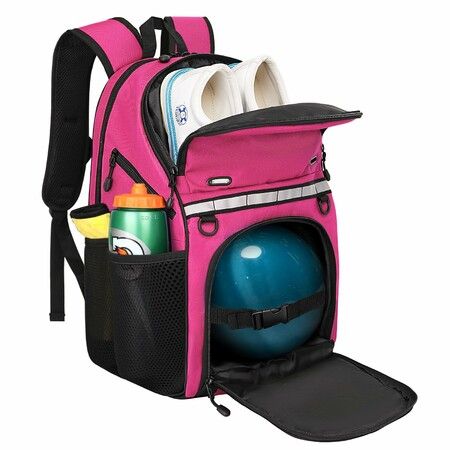Bowling Backpack with Shoe Compartment,Single Ball Bowling Bag with Padded Holder,Fits Shoes Up to Size 16, Nylon Bowling Ball Carrier with Holes,Pink