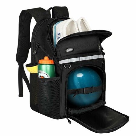 Bowling Backpack with Shoe Compartment,Single Ball Bowling Bag with Padded Holder,Fits Shoes Up to Size 16, Nylon Bowling Ball Carrier with Holes,Black