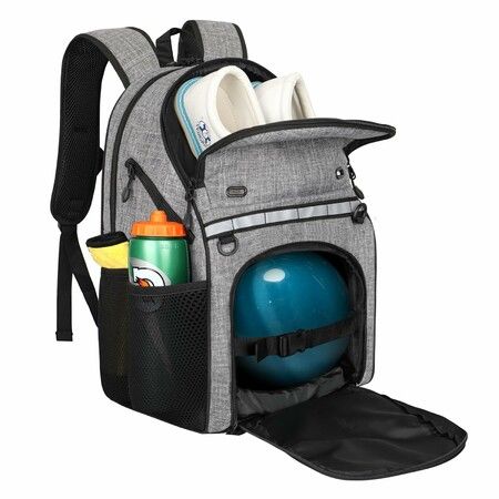 Bowling Backpack with Shoe Compartment,Single Ball Bowling Bag with Padded Holder,Fits Shoes Up to Size 16, Nylon Bowling Ball Carrier with Holes,Grey