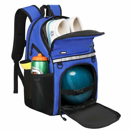 Bowling Backpack with Shoe Compartment,Single Ball Bowling Bag with Padded Holder,Fits Shoes Up to Size 16, Nylon Bowling Ball Carrier with Holes,Blue