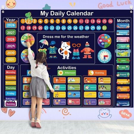 My Daily Calendar 3.3Ft Felt Board Preschool Learning Center Classroom Circle Time Days of The Week Toddler Home Kindergarten Activities Birthday Gift