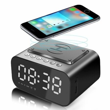 Multifunctional Digital Alarm Clock with 15W Fast Wireless Charger Bluetooth Speaker FM Radio,AUX Input USB Port Dual Alarm Clock for Bedroom Black