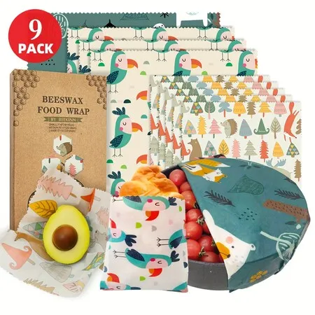 Reusable Beeswax Wrap,9 Pack Eco-Friendly Beeswax Wraps for Food Storage,Reusable Plastic-Free Food Storage Wrap(1XL, 3M, 5S)