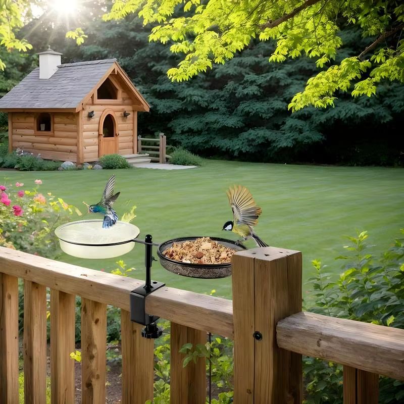 Adjustable Deck Bird Feeder Bird Bath,2-in-1 Balcony Railing Bird Feeder Tray with Water Bowl & Mesh Tray,Detachable Mounted Bird Station,Rustproof