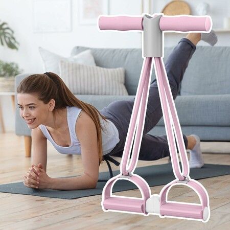 4-Tube Pedal Ankle Puller, Sit-up Auxiliary Puller, Multi-Function Pull Rope Suitable for Abdomen/Waist/arm/Leg Stretching (Pink)