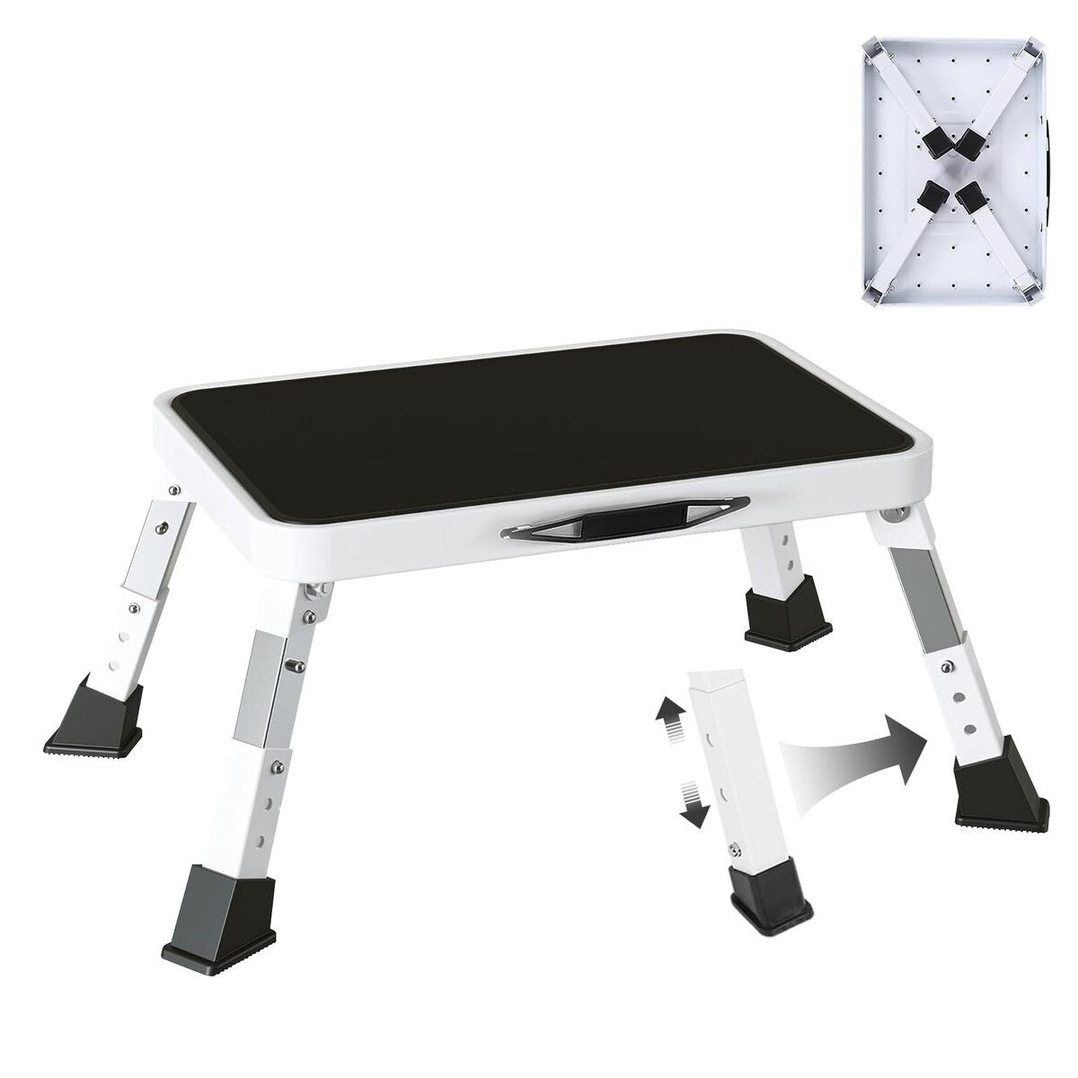 Metal Step Stool Foldable Adjustable Height Sturdy Stable Step Ladder with a Non-Slip Platform Camper Step Stool with Non-Slip Rubber Feet (White)