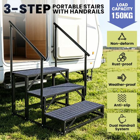 Caravan Steps Stairs Handrail Railings 3 Step RV Camper Mobile Motor Home Trailer Hot Tub 150kg Outdoor Portable Pet Safety Guard Ladder Carbon Steel