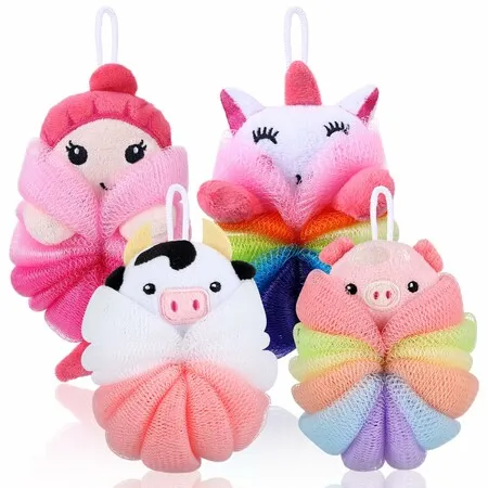 4p Kids Bath Sponge Soft PE Foaming Bath Scrunchy For Children Body Scrubber Mesh Sponges  Gentle Sudsing Exfoliating Shower Loofah Bathing Gift   9*17cm