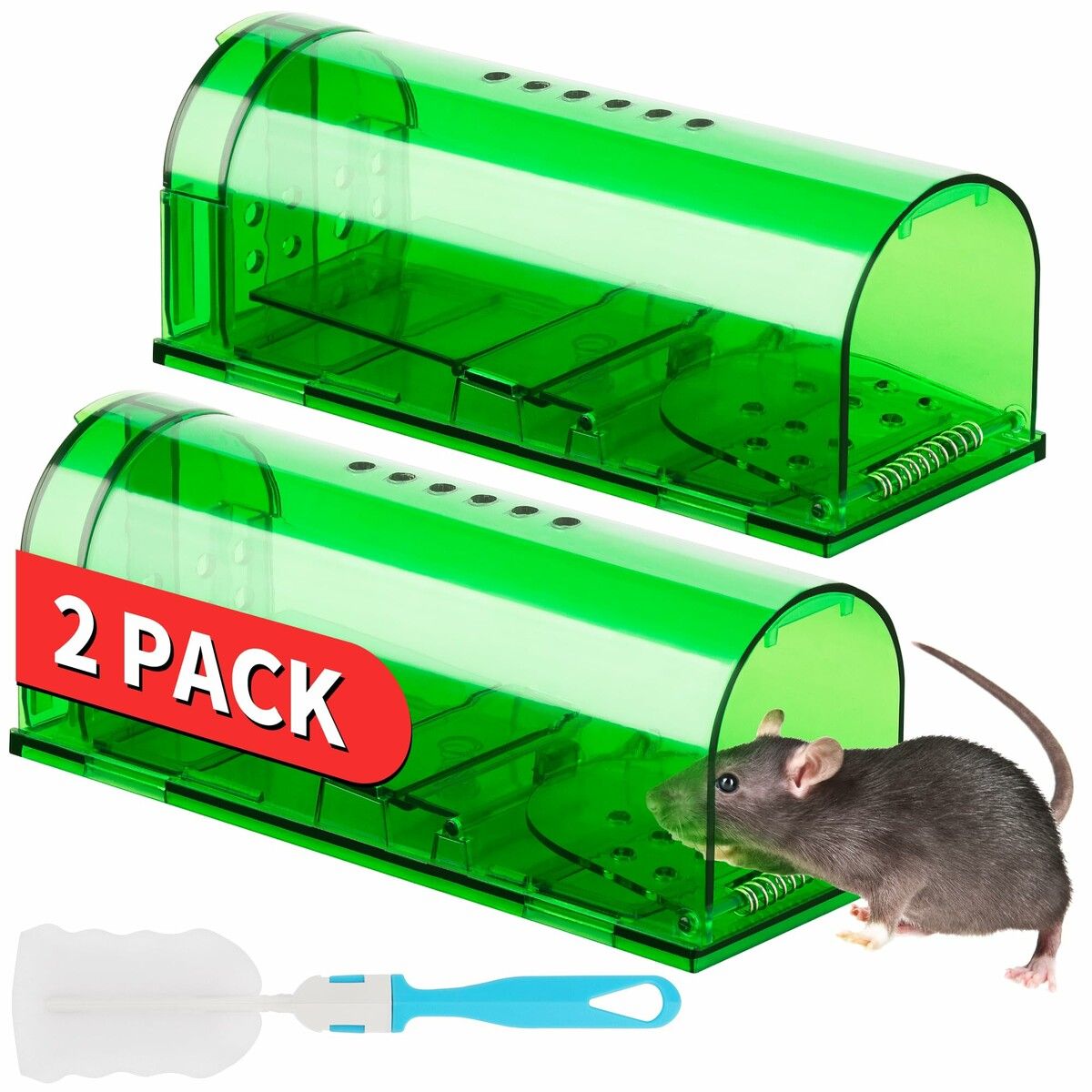 2-Pack Humane Mouse Traps,No Kill Catch and Release Rodent Trap,Pet Child Safe Indoor Outdoor Catcher for Mice,Rats Voles,Reusable with Brush Size S