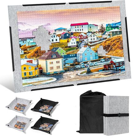 1500 Pieces Jigsaw Puzzle Board,39x26 Inch Foldable Puzzle Mat with 4 Sorting Trays,Portable Non-Slip Felt Puzzle Pad for Family Kids,Storage Grey