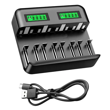 LCD 8 Bay Battery Charger, AA AAA C D Rechargeable Battery Charger for Rechargeable Batteries Ni-MH AA AAA C D Batteries with Type C Input
