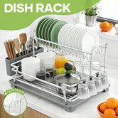 2 Tier Aluminium Dish Drying Rack Self-Draining Rustproof Plate Drainer Cutlery Holder Cup Utensil Chopping Board Storage Kitchen Countertop Organiser