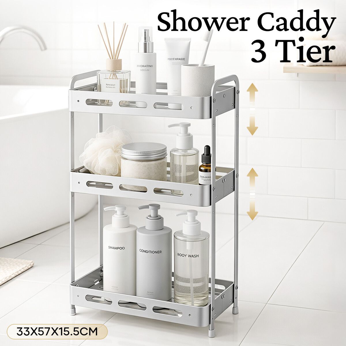 3 Tier Bathroom Storage Shelf Organiser Aluminium Shower Caddy Freestanding Kitchen Pantry Laundry Rack Rustproof Shelving Unit Stand 33x15.5x57cm