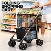 2 Tier Foldable Shopping Trolley Cart Collapsible Grocery Utility Mobile Personal Tote Bag Basket Portable Folding Rolling Market Travel Granny Wheels