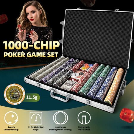 1000 Poker Chips Game Play Set Decks Casino Cards Dice Texas Holdem Blackjack Aluminium Travel Case Small Big Blinds Professional Party Club Gambling