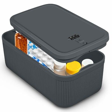Small Lock Box,Lockable Storage Box with Combination Code for Medication Safe,Medicine Lock Box for Pills/Food/Snack Phone Jail,Locked Container (Grey)
