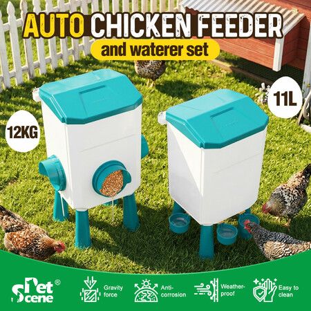 Chicken Bird Feeder Waterer Set 12kg 11L Auto Food Water Dispenser Automatic Chick Poultry Chook Drinker Cup Gravity Fed Stand Feeding Drinking System