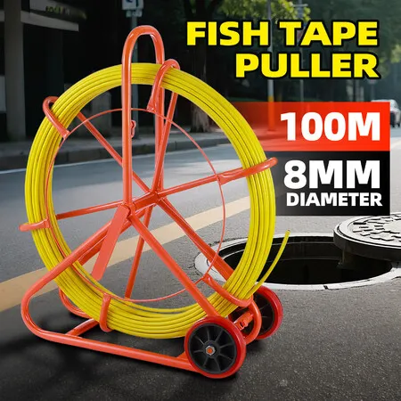 Fish Tape Puller Fibreglass Wire Cable Running Rod Duct Rodder 100mx8mm Electrical NBN Fishtape Pulling Tool Brake Wheels Portable Steel Reel Stand