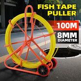 Fish Tape Puller Fibreglass Wire Cable Running Rod Duct Rodder 100mx8mm Electrical NBN Fishtape Pulling Tool Brake Wheels Portable Steel Reel Stand
