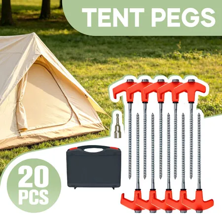 20PC Camping Tent Pegs Heavy Duty Steel Screw In Ground Stakes Outdoor Garden Anchors for Hard Soil Gazebo Caravan Awning Hex Socket Driver Carry Case