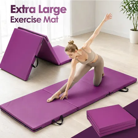 Folding Gym Mat 180x60x5cm Tri-Fold Exercise Yoga Pilates Pad Portable Aerobic Fitness Gymnastics Tumbling Balance Floor Stretching Workout w/ Handles