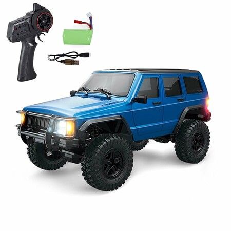 1/18 Scale Remote Control Crawler All Terrain 370 Motor Proportional Throttle Steering Upgraded Chassis 3 Speeds Lighting System Hobby Model for Kids(Blue)