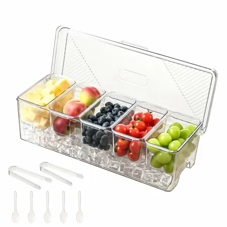 Large Chilled Condiment Server With Lids,5 Compartment Ice Caddy With 5 Spoons & 2 Tongs,Portable Garnish Tray For Bar,Party,Bbq & Salad