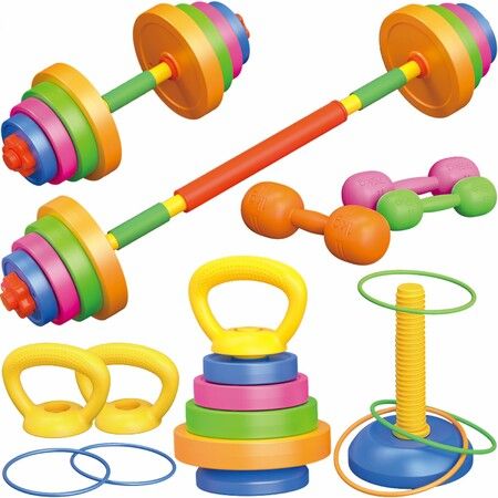 6-in-1 Adjustable Weight Workout Set,Fillable Dumbbell Barbell Kettlebell Fitness Ring Toy,Pretend Play Gym Exercise Equipment for Kids Ages 3+