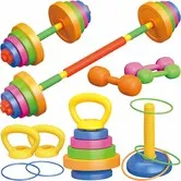 6-in-1 Adjustable Weight Workout Set,Fillable Dumbbell Barbell Kettlebell Fitness Ring Toy,Pretend Play Gym Exercise Equipment for Kids Ages 3+