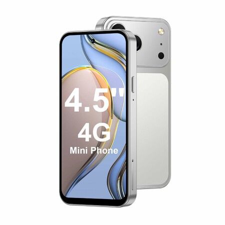 4.5In Mini Phone 64GB Unlocked 4G Mobile Smartphone with 2000mAh Battery Compact Backup Mini Phone for Kids & Students Dual SIM Face ID Silver