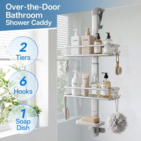 3 Tiers Over Door Shower Caddy Hanging Inside Bathroom Organiser Rack with Soap Holder Hooks Adjustable Screen Glass Storage Shelf Rustproof Aluminium