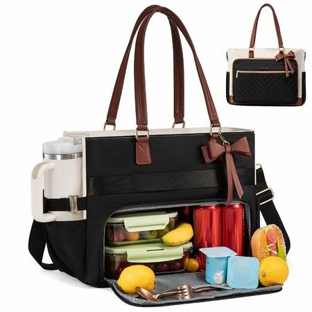 Lunch Tote Bag for Women with Insulated Lunch Compartment, Laptop Bag with Large Capacity & Cup Holder, Work Tote for School Office Daily Brown