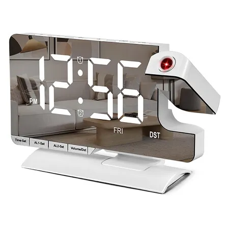Digital Clock, Alarm Clock Bedside with Projection, 7.3 inch Mirror Clock with 180 Degree Rotating Projector for Desk Teens, White