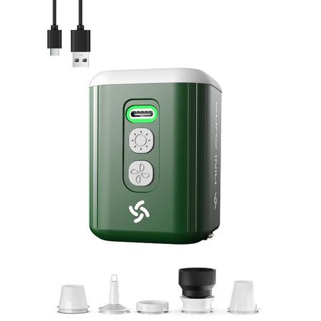Portable Air Pump for Inflatables Rechargeable Electric Air Mattress Pump with 1600 mAh Battery & Camping Light Green