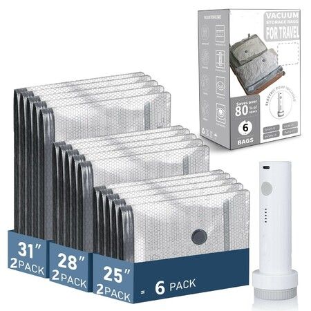 6 Pack Vacuum Storage Bags with Rechargeable Electric Pump,3 Sizes Space Saver Compression Seal Bags for Clothes Luggage Travel Home Organizer