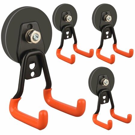 4 Pack Heavy Duty Magnetic Garage Hooks Strong Rubber Coated Magnet Hangers,No Drill Utility Hooks for Power Drill Garden Tools Organizer Storage,Orange