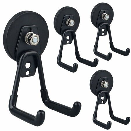 4 Pack Heavy Duty Magnetic Garage Hooks,Strong Rubber Coated Magnet Hangers,No Drill Utility Hooks for Power Drill Garden Tools Organizer Storage,Black