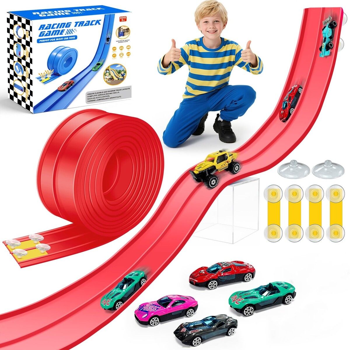 4.6M Flexible Race Track Set DIY Bendable Race Car with 4 Toy Cars,Suction Cups,Portable Racetrack Compatible with 1/64 Diecast Cars for Kids 3+(Red)
