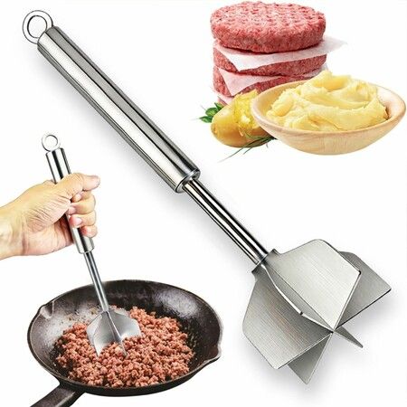 304 Stainless Steel Meat Masher, Ground Beef Chopper Tool Hamburger Smasher for Potato Chicken Puree, Mixer Utensil for Home Meal Prep