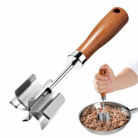 Stainless Steel Meat Chopper & Masher, 6 Curve Blades Ground Beef Chopper Tool with Wooden Handle, Hamburger Smasher & Multi-Use Kitchen Tool