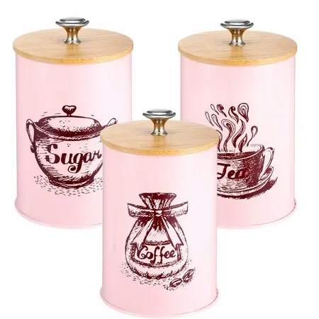 3Pcs Small Kitchen Canisters Set, Metal Vintage Kitchen Container, Food Storage Containers with Bamboo Lid Farmhouse Decor Pink