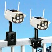 2 Pack Clip On Solar Fake Security Cameras with Light, Motion Sensor Outdoor Lights, Dummy Surveillance Camera for Gutter Fence Garages Warehouses